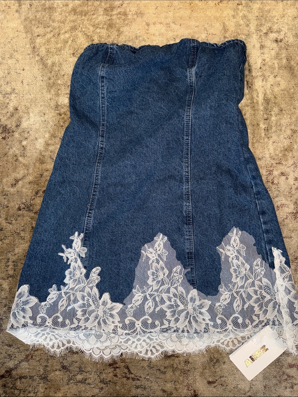 NWT Aiirz Strapless Denim Mini Dress With Lace Floral Appliqué - Picture 6 of 8